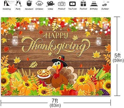 Happy Thanksgiving Backdrop with Pumpkins, Turkey, and Maple Leaves for Fall Photos