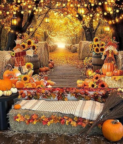 Autumn Forest Backdrop with Pumpkins, Sunflowers, and Maple Leaves for Thanksgiving Photos