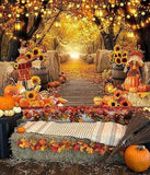 Autumn Forest Backdrop with Pumpkins, Sunflowers, and Maple Leaves for Thanksgiving Photos