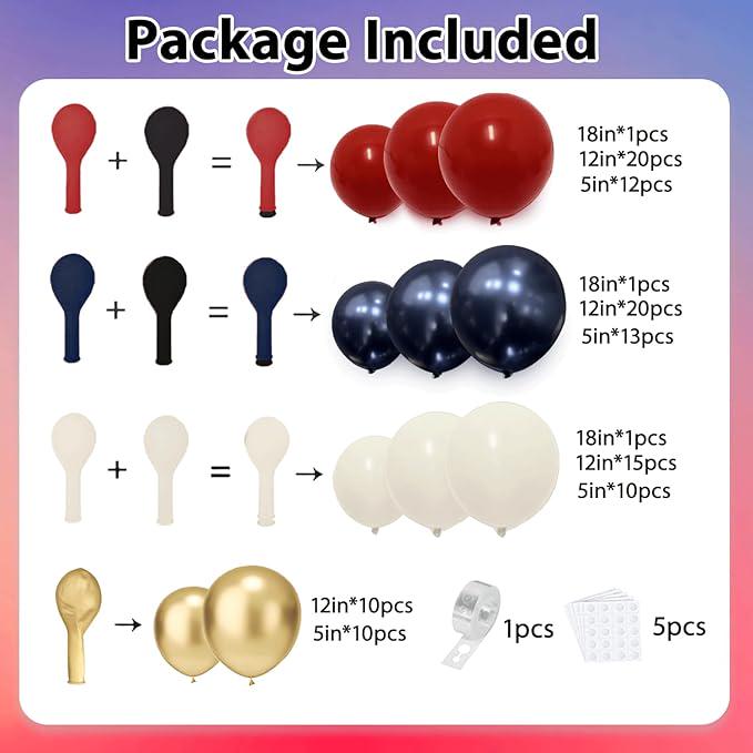 Red White Blue Balloon Arch Kit with Gold Black Balloons for Party Decorations