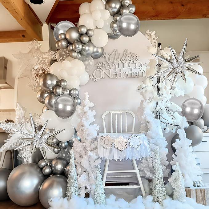 White Silver Balloon Garland Arch Kit 113 Pcs for Christmas & Winter Parties