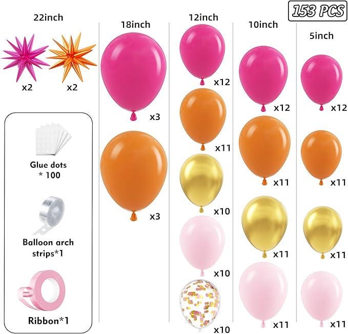 Pink Orange Balloon Garland Arch Kit 153 Pcs with Star Balloons for Party Decor