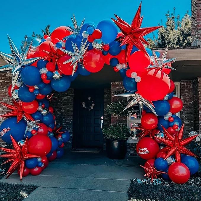 Red Blue Silver Balloon Garland Arch Kit with Star Foil Balloons for Party Decor
