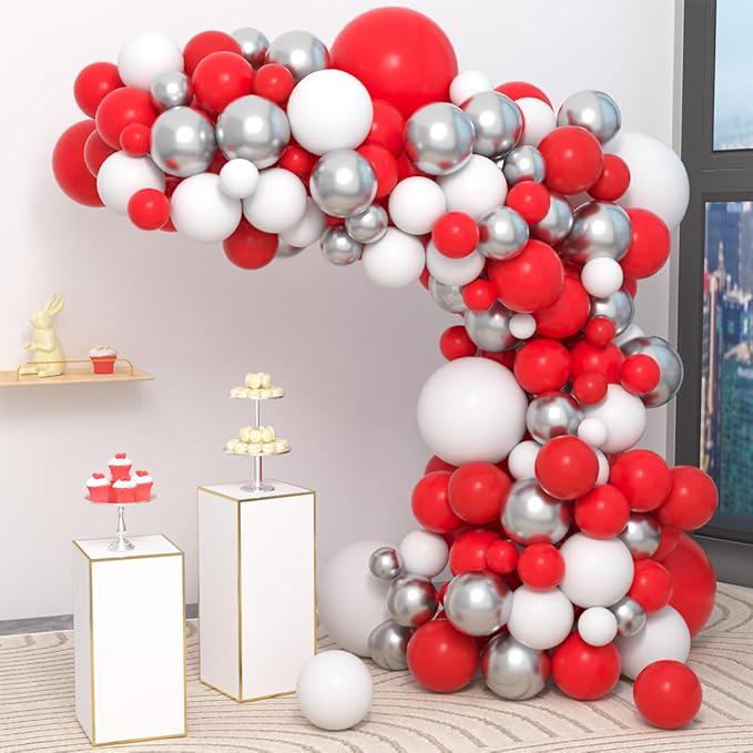 Red White Silver Balloon Garland Arch 122 Pcs for Birthday Wedding Valentine Party Decor