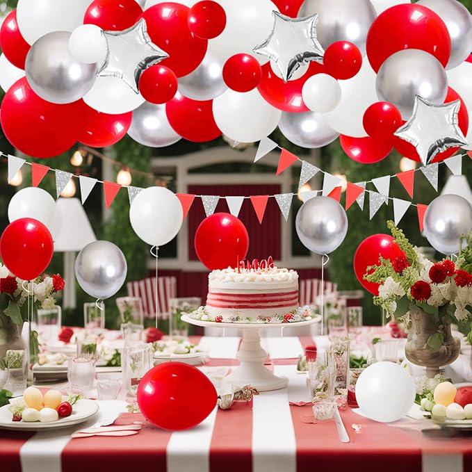 Red White Silver Balloon Garland Arch 122 Pcs for Birthday Wedding Valentine Party Decor