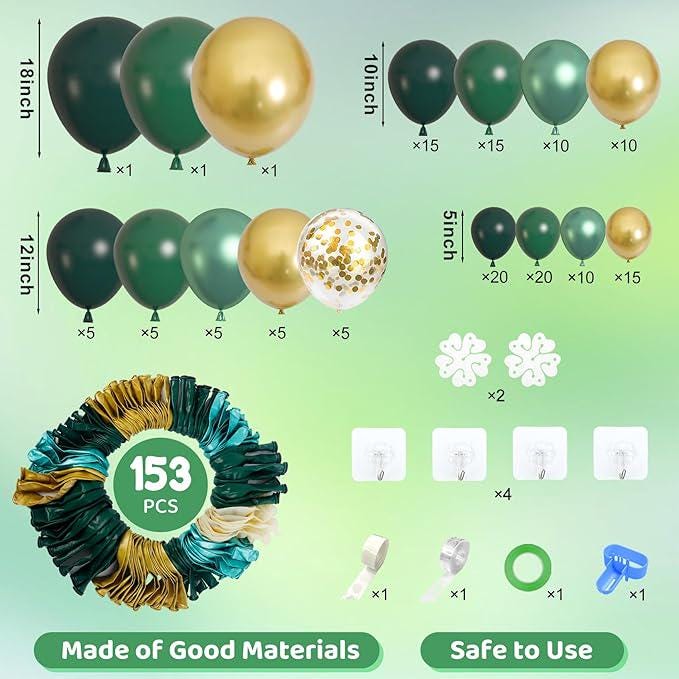 153 Pcs Green Gold Balloon Garland Arch Kit with Confetti Balloons for Party Decor