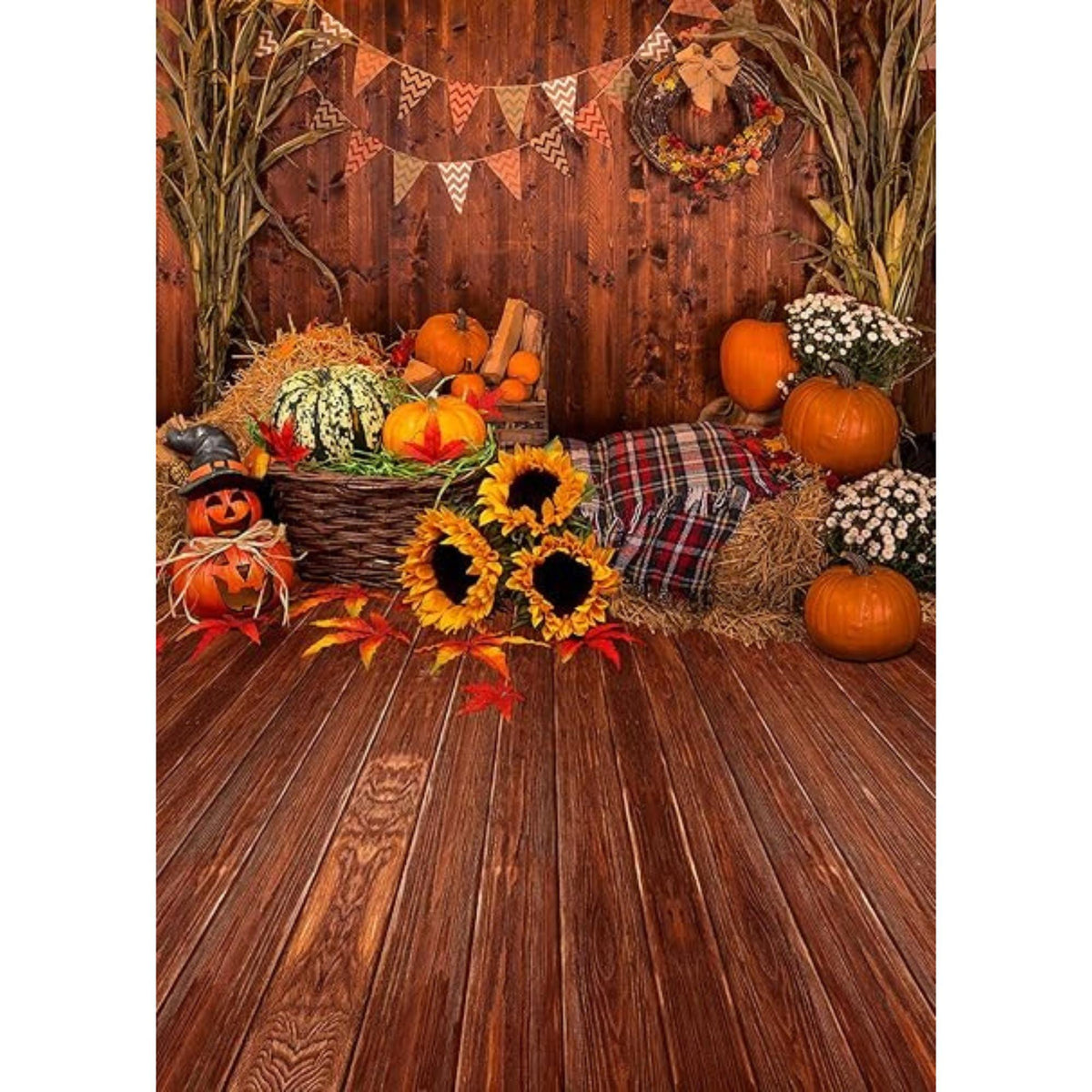 5x7ft Fall Thanksgiving Backdrop with Barn Wooden Floor Pumpkins and Leaves