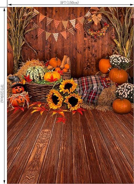 5x7ft Fall Thanksgiving Backdrop with Barn Wooden Floor Pumpkins and Leaves