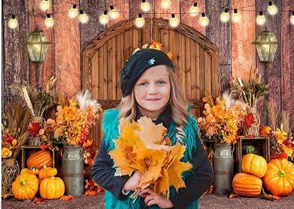 7x5ft Fall Thanksgiving Backdrop with Pumpkin Barn Hay and Maple Leaves
