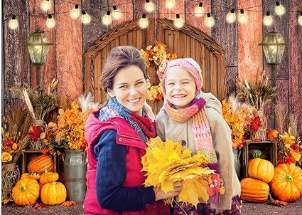 7x5ft Fall Thanksgiving Backdrop with Pumpkin Barn Hay and Maple Leaves