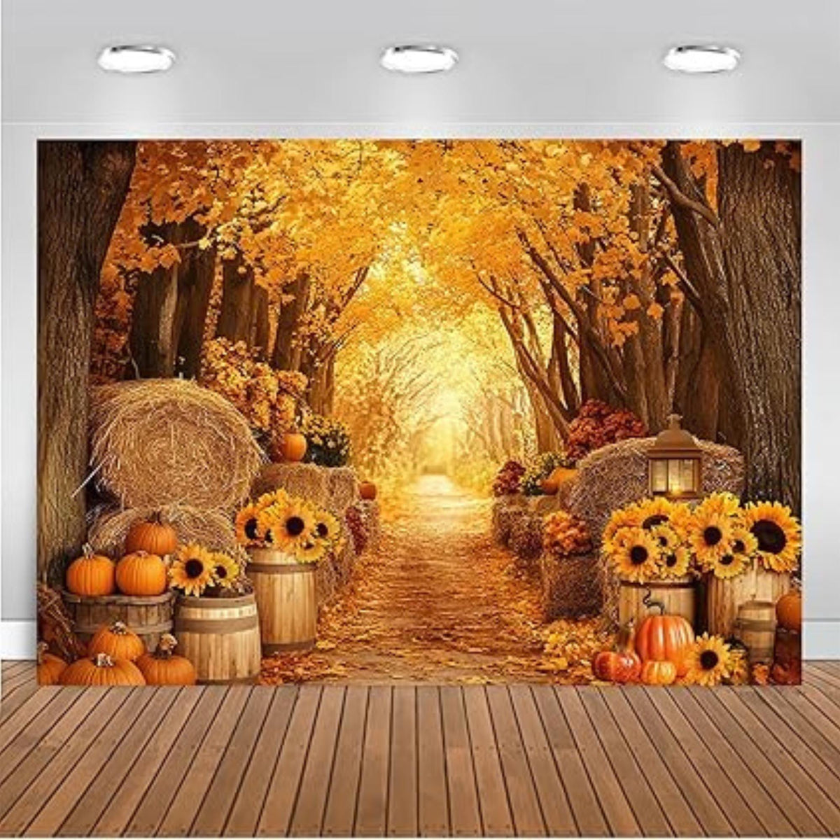 7x5ft Fall Autumn Backdrop with Forest Scenery Pumpkins and Maple Leaves