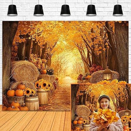 7x5ft Fall Autumn Backdrop with Forest Scenery Pumpkins and Maple Leaves