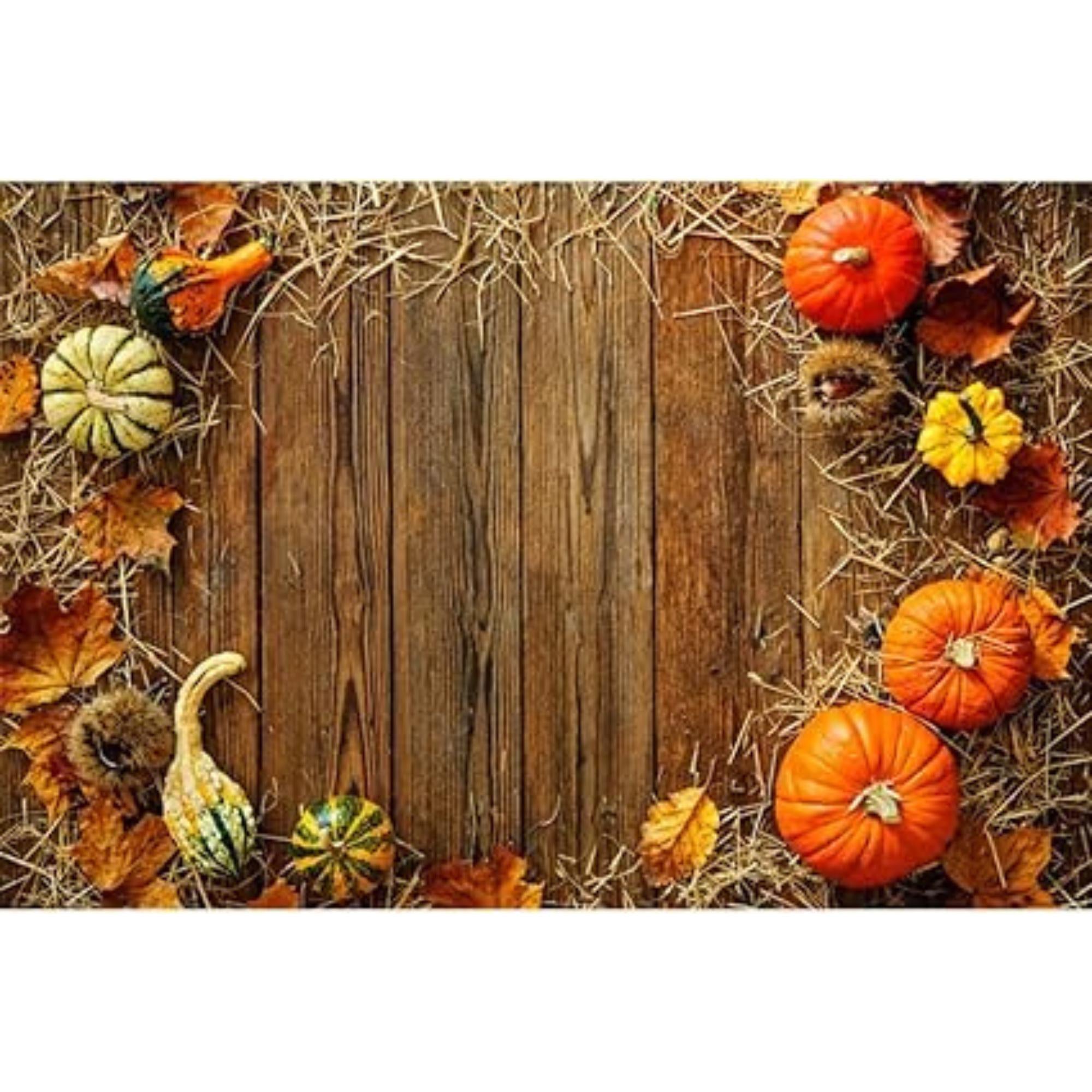 5x3ft Fall Thanksgiving Backdrop with Pumpkins Hay Leaves Rustic Wood Board
