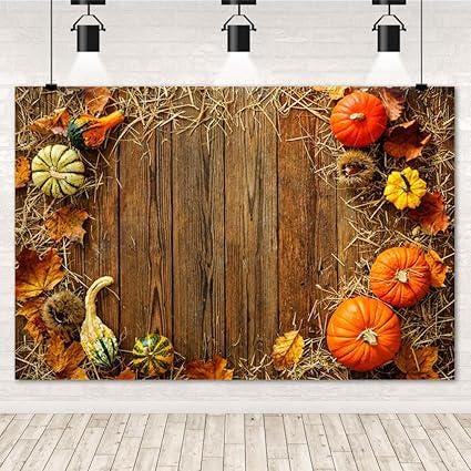 5x3ft Fall Thanksgiving Backdrop with Pumpkins Hay Leaves Rustic Wood Board