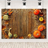 5x3ft Fall Thanksgiving Backdrop with Pumpkins Hay Leaves Rustic Wood Board