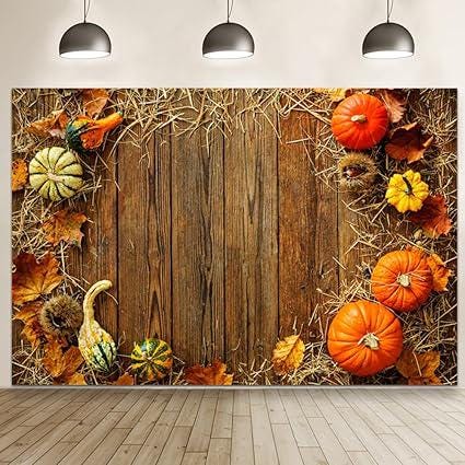 5x3ft Fall Thanksgiving Backdrop with Pumpkins Hay Leaves Rustic Wood Board