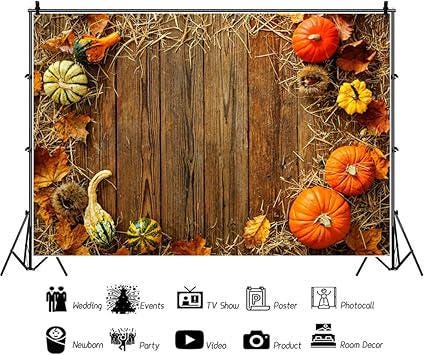 5x3ft Fall Thanksgiving Backdrop with Pumpkins Hay Leaves Rustic Wood Board