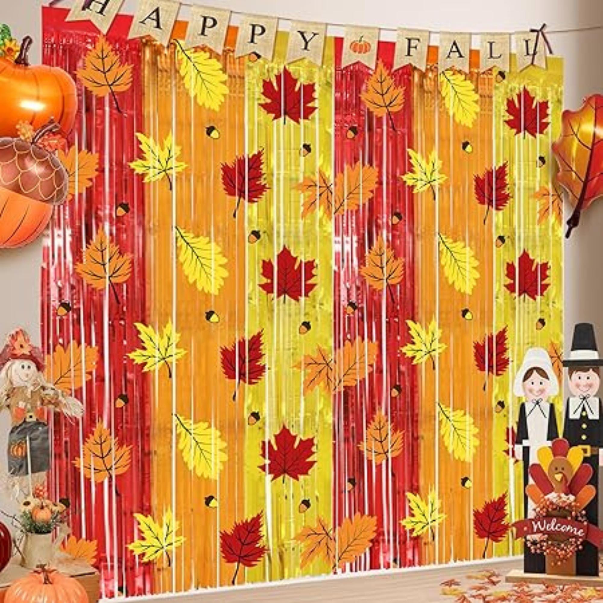 2 Pack Fall Thanksgiving Foil Fringe Curtains with Maple Leaf Pinecone Design