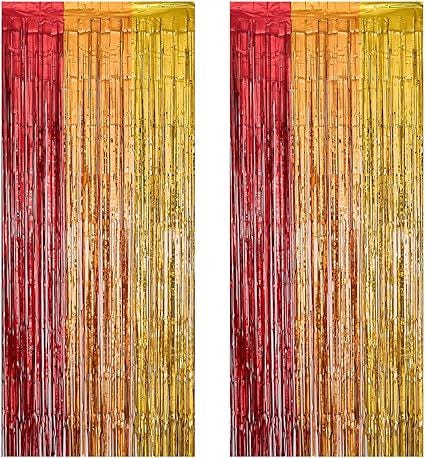 2 Pack Thanksgiving Foil Fringe Curtains Red Gold Orange Fall Party Backdrop