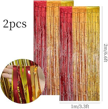 2 Pack Thanksgiving Foil Fringe Curtains Red Gold Orange Fall Party Backdrop