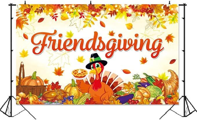 Friendsgiving Banner Backdrop with Turkey Pumpkins Maple Leaves Thanksgiving Decor