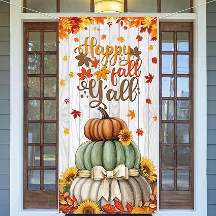 Fall Door Cover with "Happy Fall Y’all" Farmhouse Thanksgiving Harvest Decor