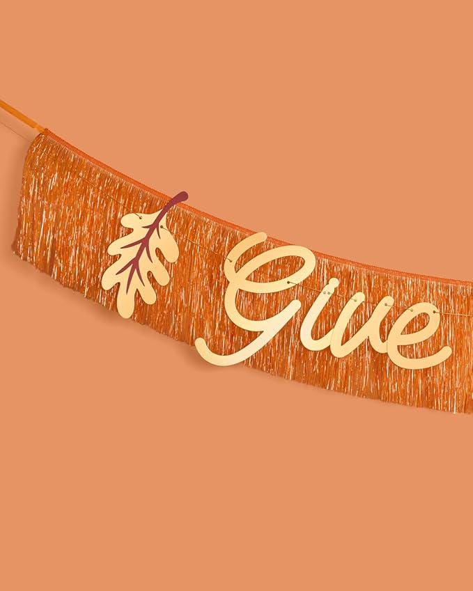 Give Thanks Gold Orange Foil Fringe Banner for Thanksgiving Party Decor 5ft