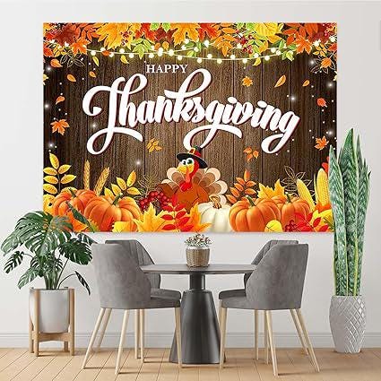 7x5ft Happy Thanksgiving Backdrop with Rustic Wood Turkey and Pumpkin Decor