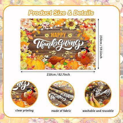 7x5ft Happy Thanksgiving Backdrop with Pumpkins Turkey Rustic Wood Maple Leaves