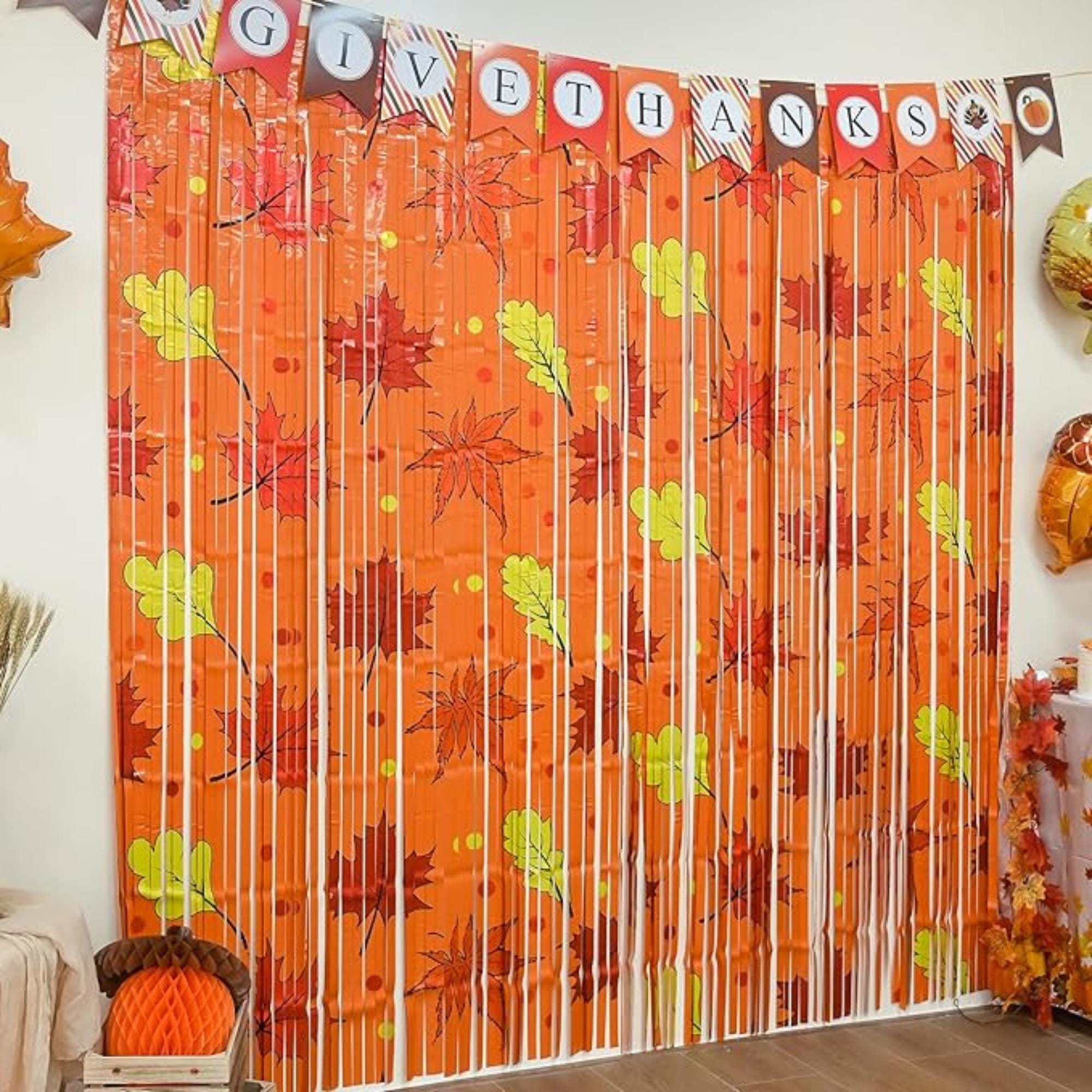 2 Pack Fall Foil Fringe Curtains with Orange Maple Leaves for Thanksgiving Decor