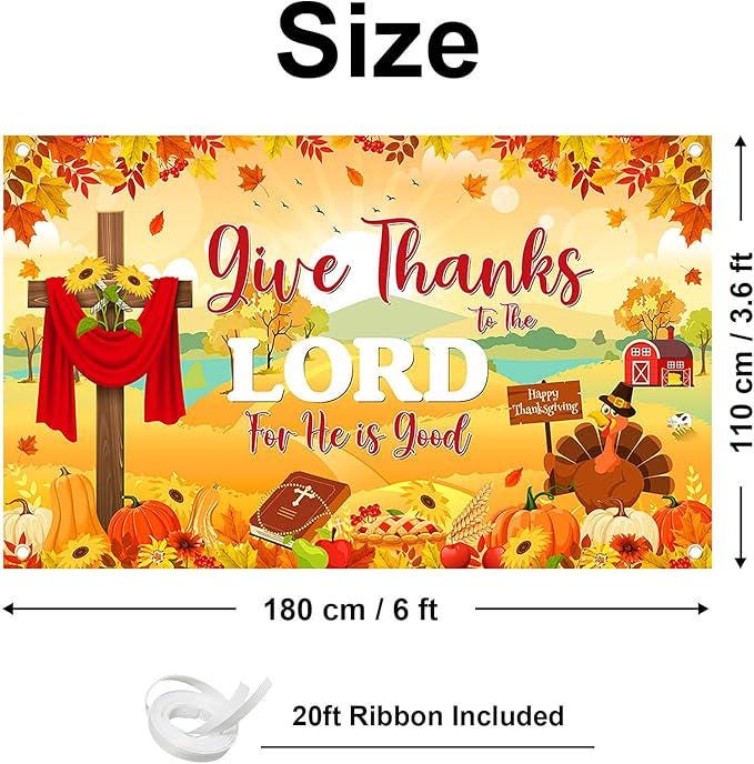 6x3.6ft Give Thanks to The Lord Banner with Pumpkins Maple Leaves Christian Decor