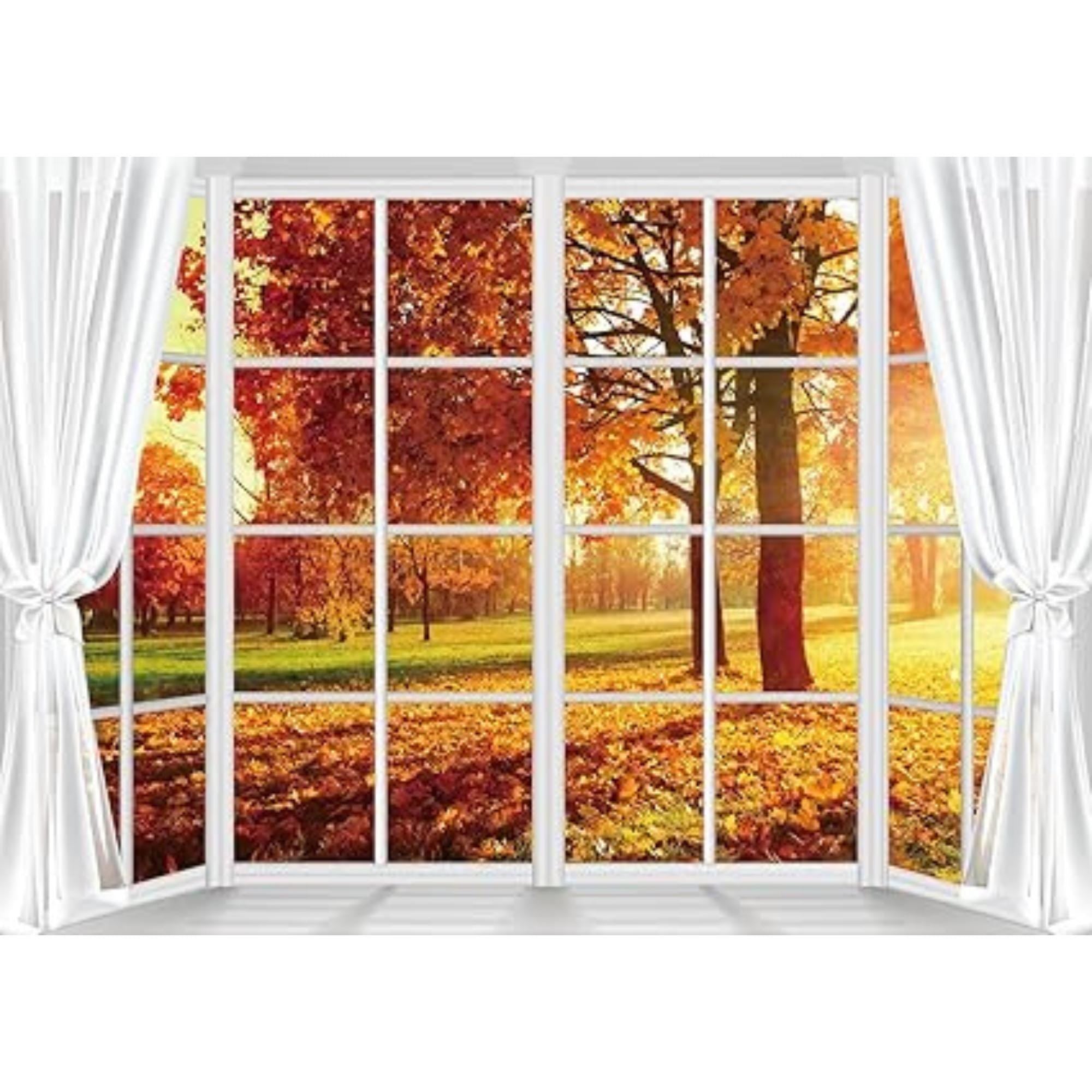 7x5ft Fall Windowsill Backdrop with Forest Maple Leaves for Thanksgiving Photos