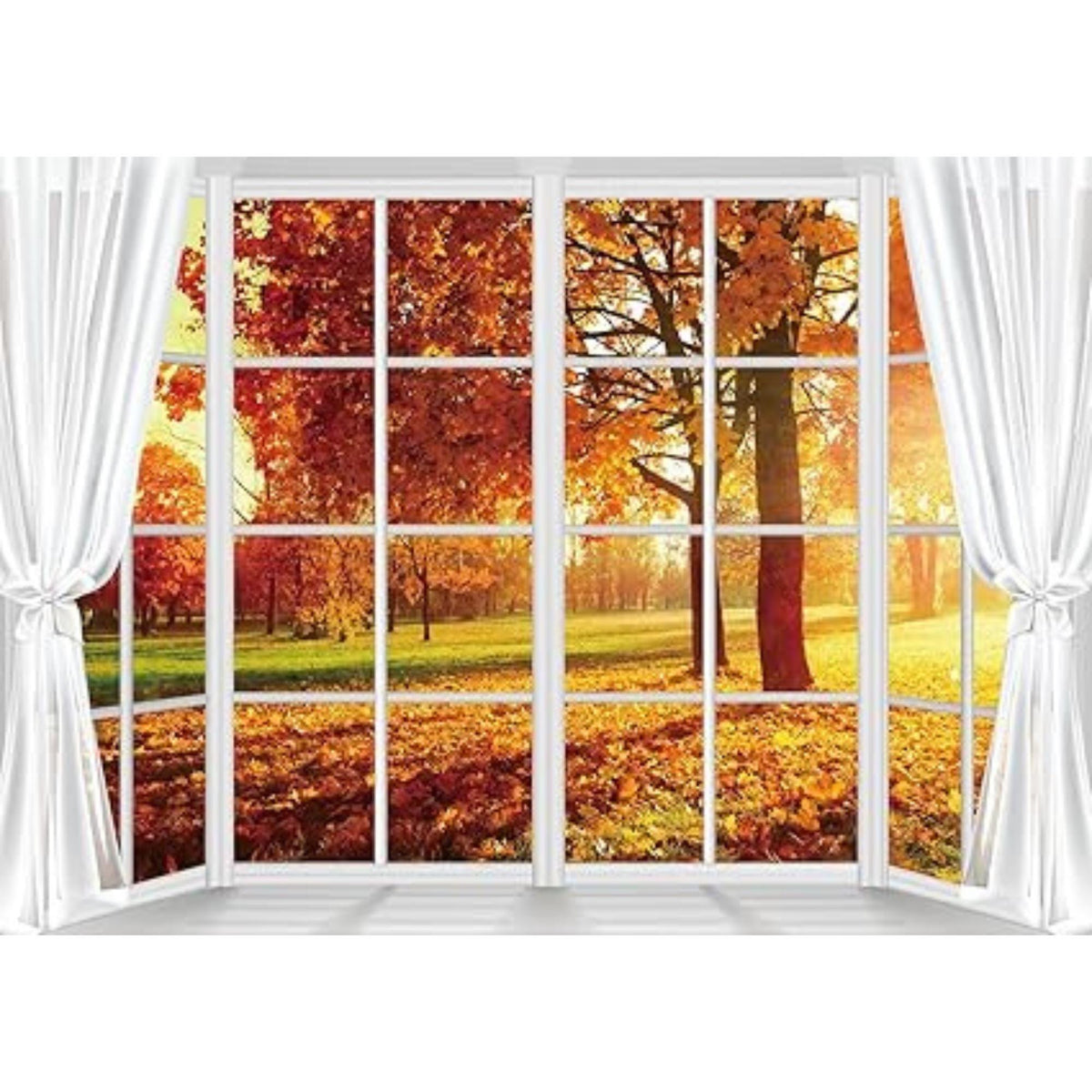 7x5ft Fall Windowsill Backdrop with Forest Maple Leaves for Thanksgiving Photos