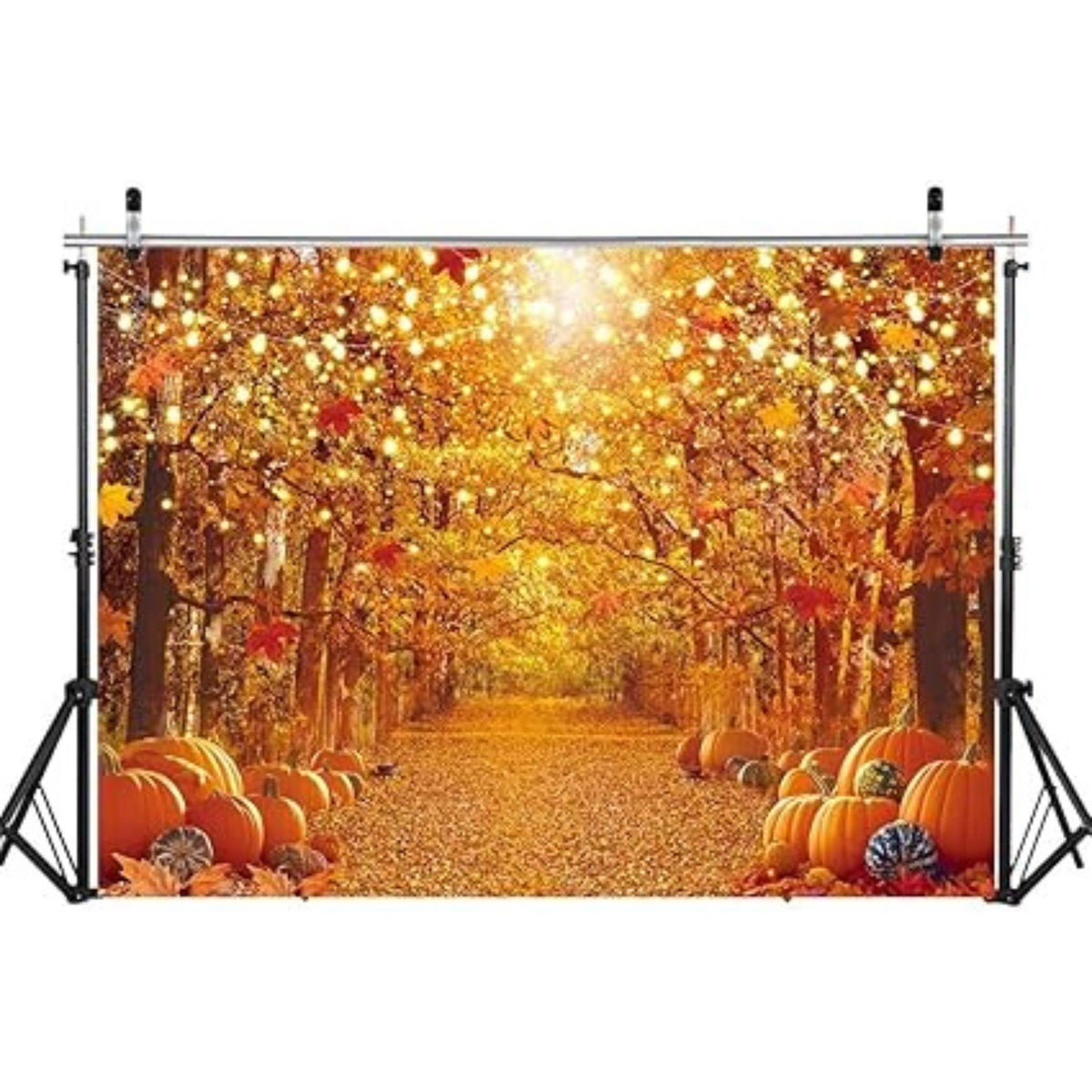 7x5ft Fall Forest Backdrop with Maple Leaves Pumpkins for Thanksgiving Photography