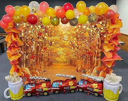 7x5ft Fall Forest Backdrop with Maple Leaves Pumpkins for Thanksgiving Photography