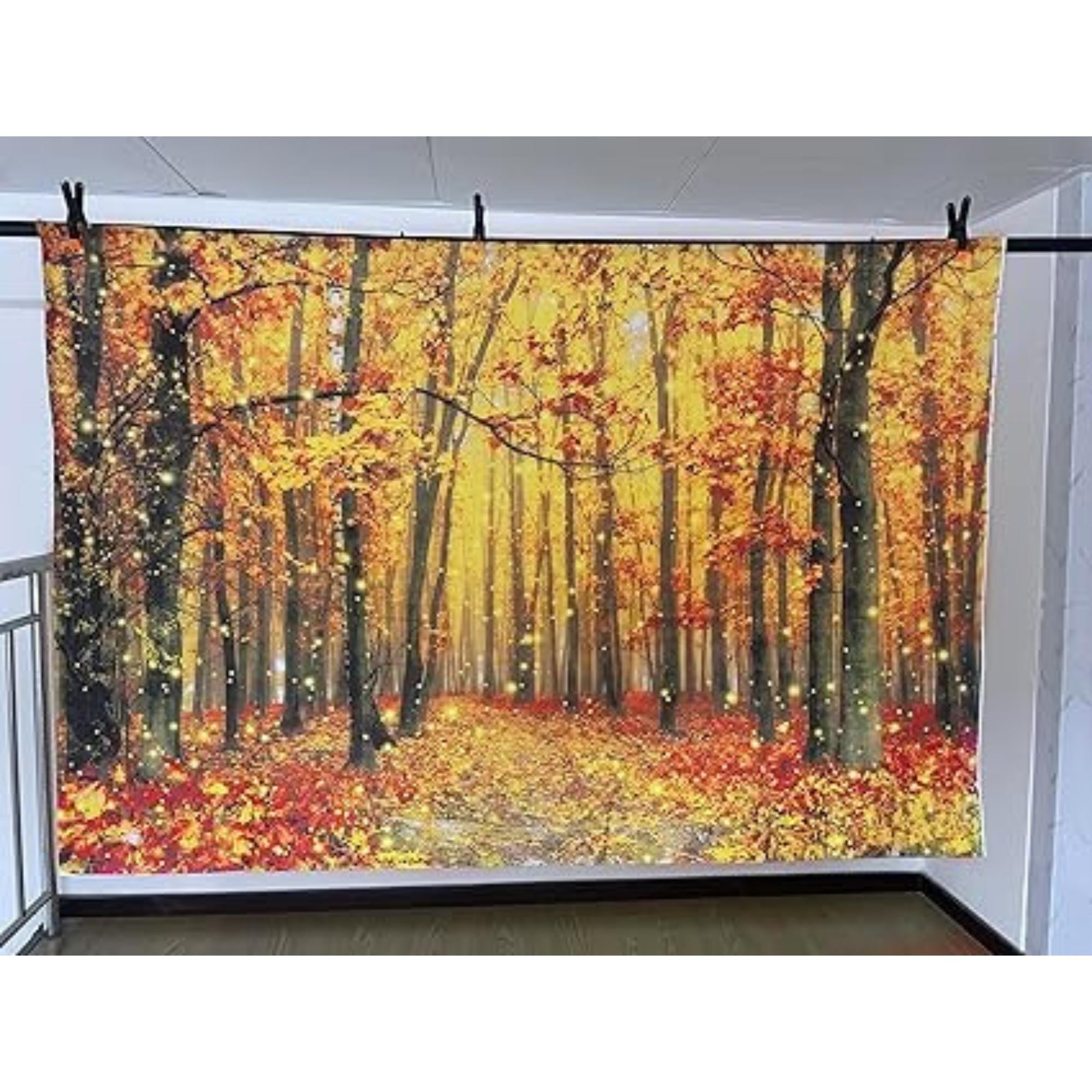 2.1x1.5m Fall Forest Leaves Glitter Backdrop with Golden Maple for Thanksgiving Photos