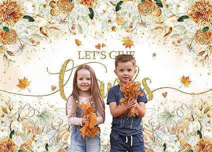 7x5ft Let’s Give Thanks Backdrop with Flowers Pumpkin for Thanksgiving Decor