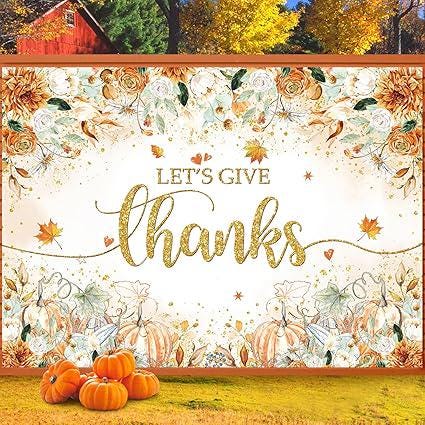 7x5ft Let’s Give Thanks Backdrop with Flowers Pumpkin for Thanksgiving Decor