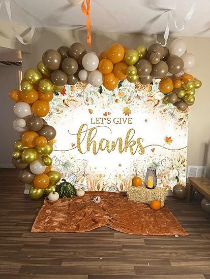 7x5ft Let’s Give Thanks Backdrop with Flowers Pumpkin for Thanksgiving Decor