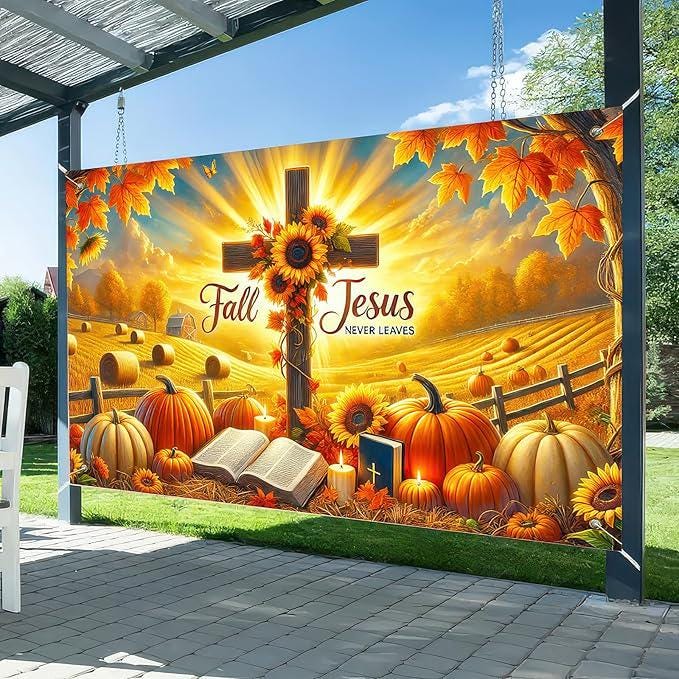 71x43in Fall for Jesus Backdrop with "Never Leaves" Pumpkin Autumn Thanksgiving Decor