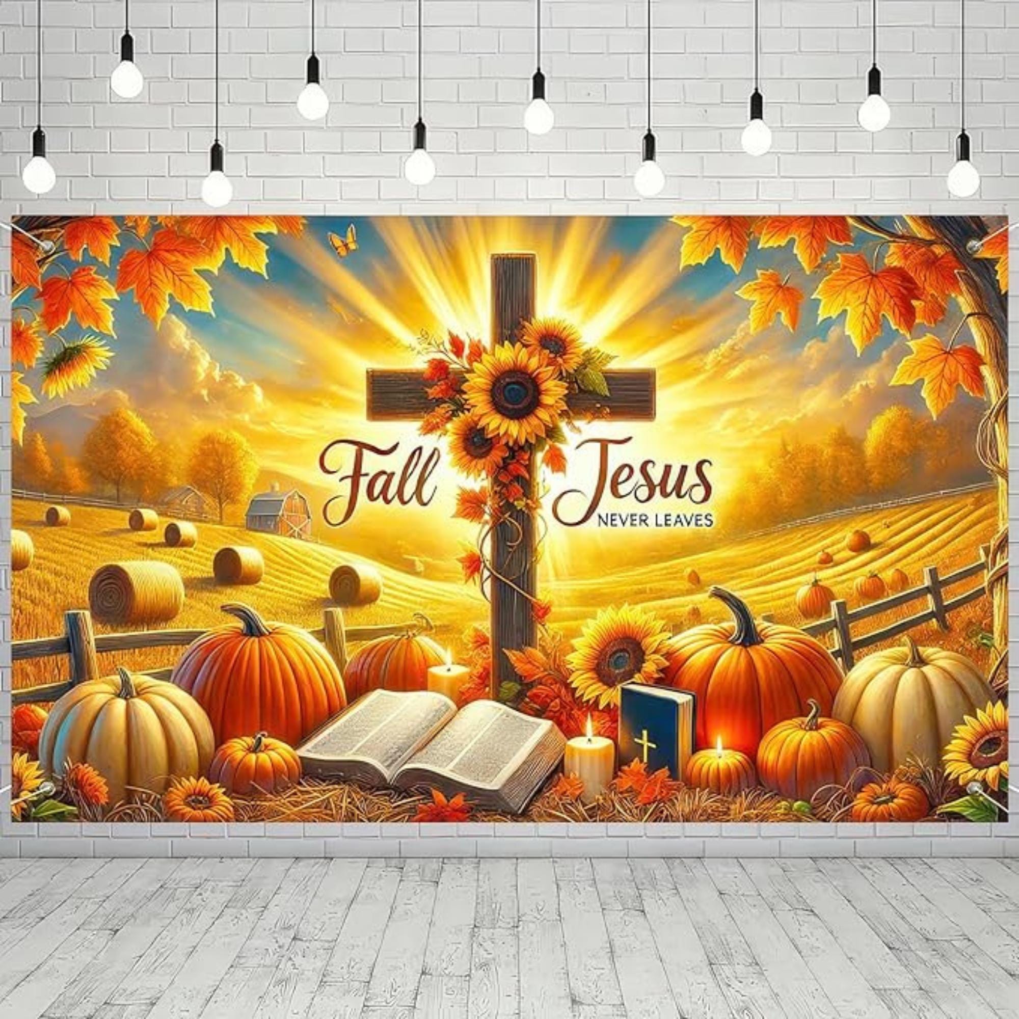 71x43in Fall for Jesus Backdrop with "Never Leaves" Pumpkin Autumn Thanksgiving Decor