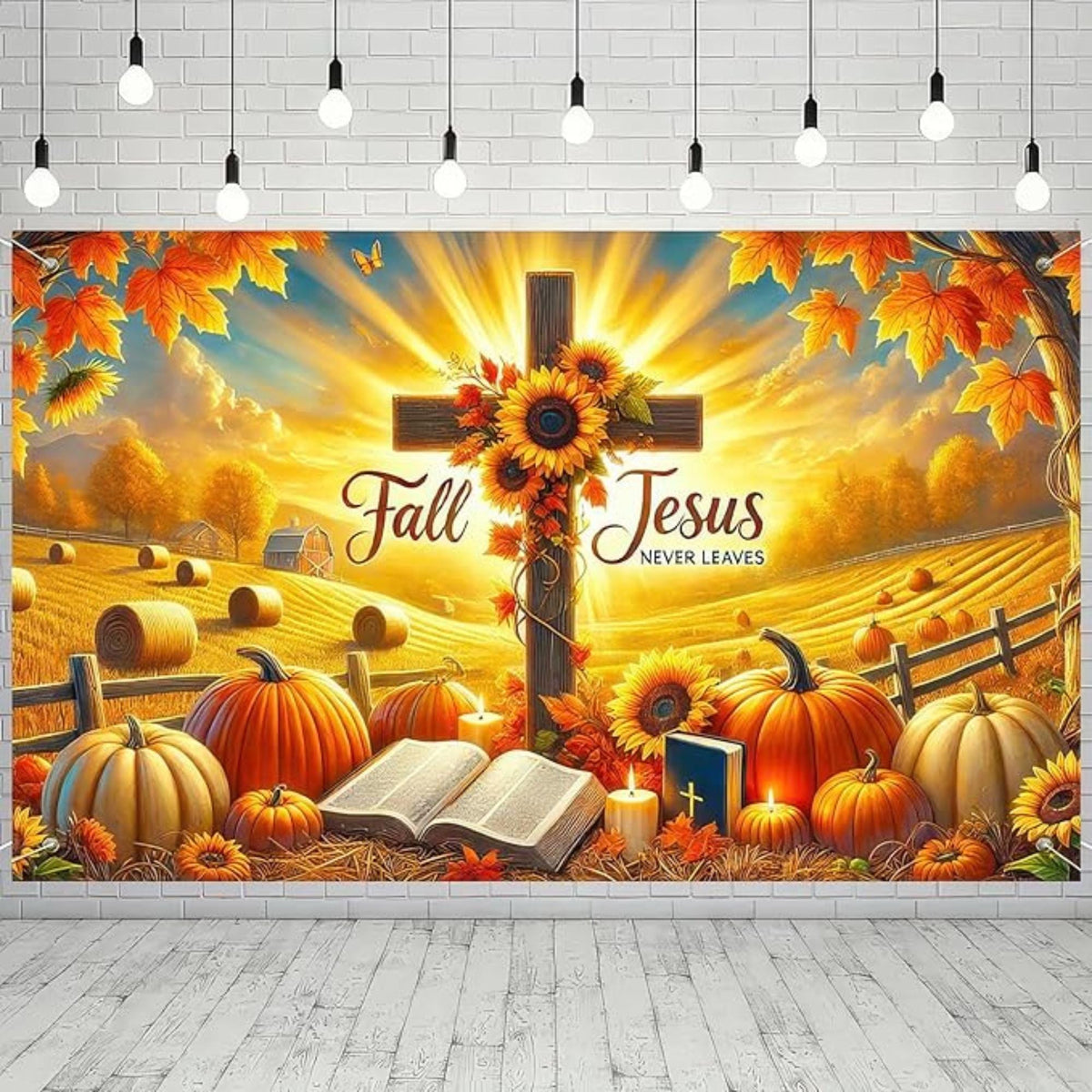 71x43in Fall for Jesus Backdrop with "Never Leaves" Pumpkin Autumn Thanksgiving Decor
