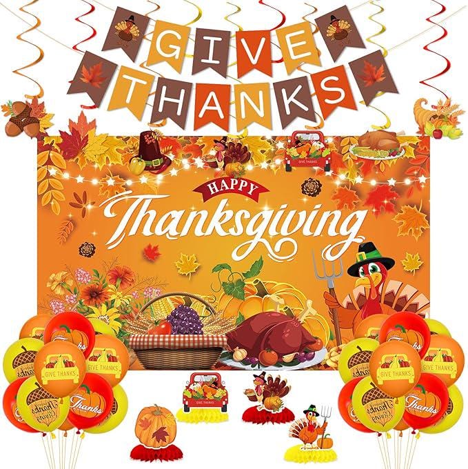 Fall Thanksgiving Party Decoration Set with Give Thanks Banner Maple Leaves and Balloons