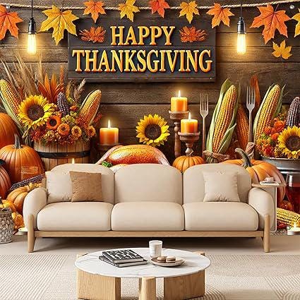8x6ft Thanksgiving Backdrop with Roasted Turkey Harvest Decor for Home Party