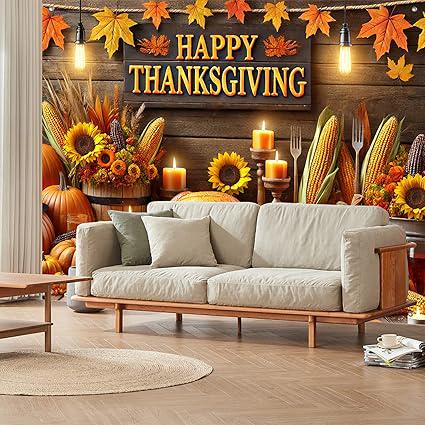 8x6ft Thanksgiving Backdrop with Roasted Turkey Harvest Decor for Home Party