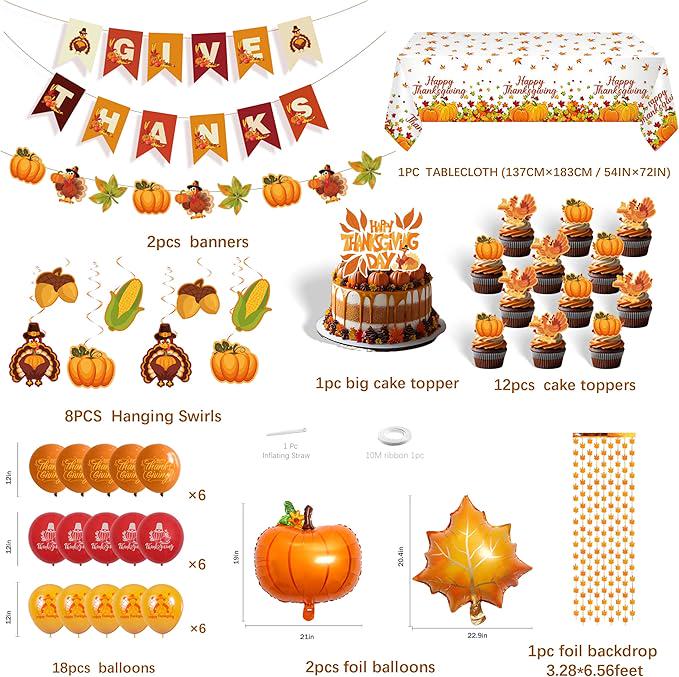 Thanksgiving Party Decor Set with Turkey Balloons, Foil Backdrop, Banner & Tableware