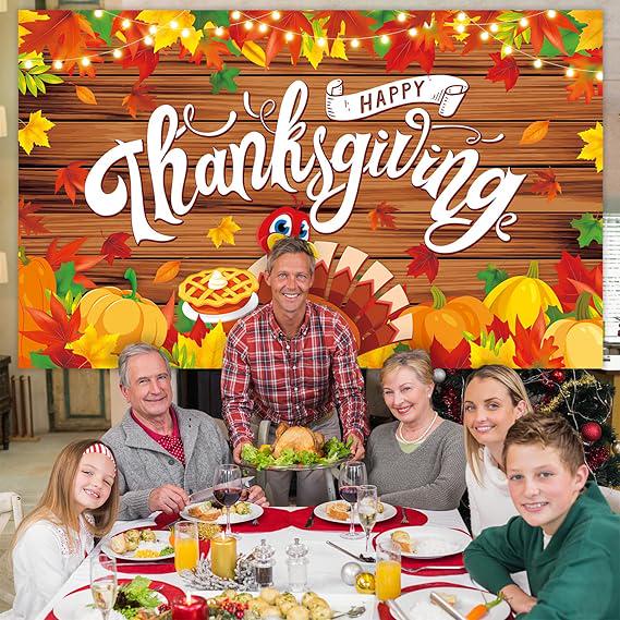 Thanksgiving Backdrop with Pumpkin & Maple Leaf Banner for Friendsgiving Decor