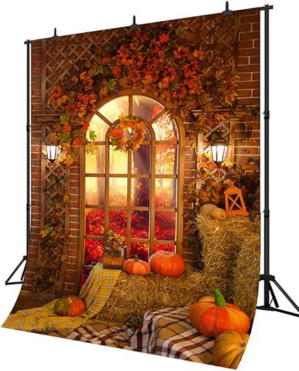 Fall Thanksgiving Photography Backdrop 5x7FT Pumpkin on Haystack for Party Photos