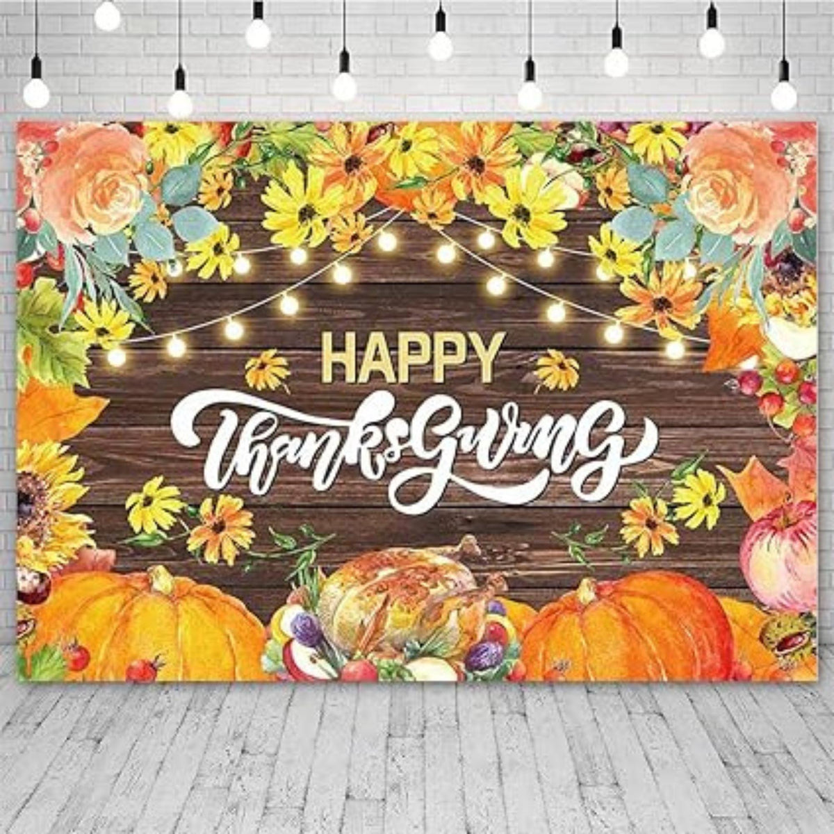 7x5FT Happy Thanksgiving Backdrop with Pumpkins Turkey Maple Leaves Rustic Decor