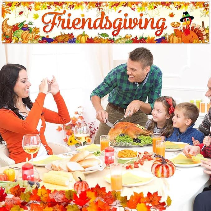 Friendsgiving Banner Backdrop Fall Maple Leaves Turkey Pumpkin Themed Party Decor